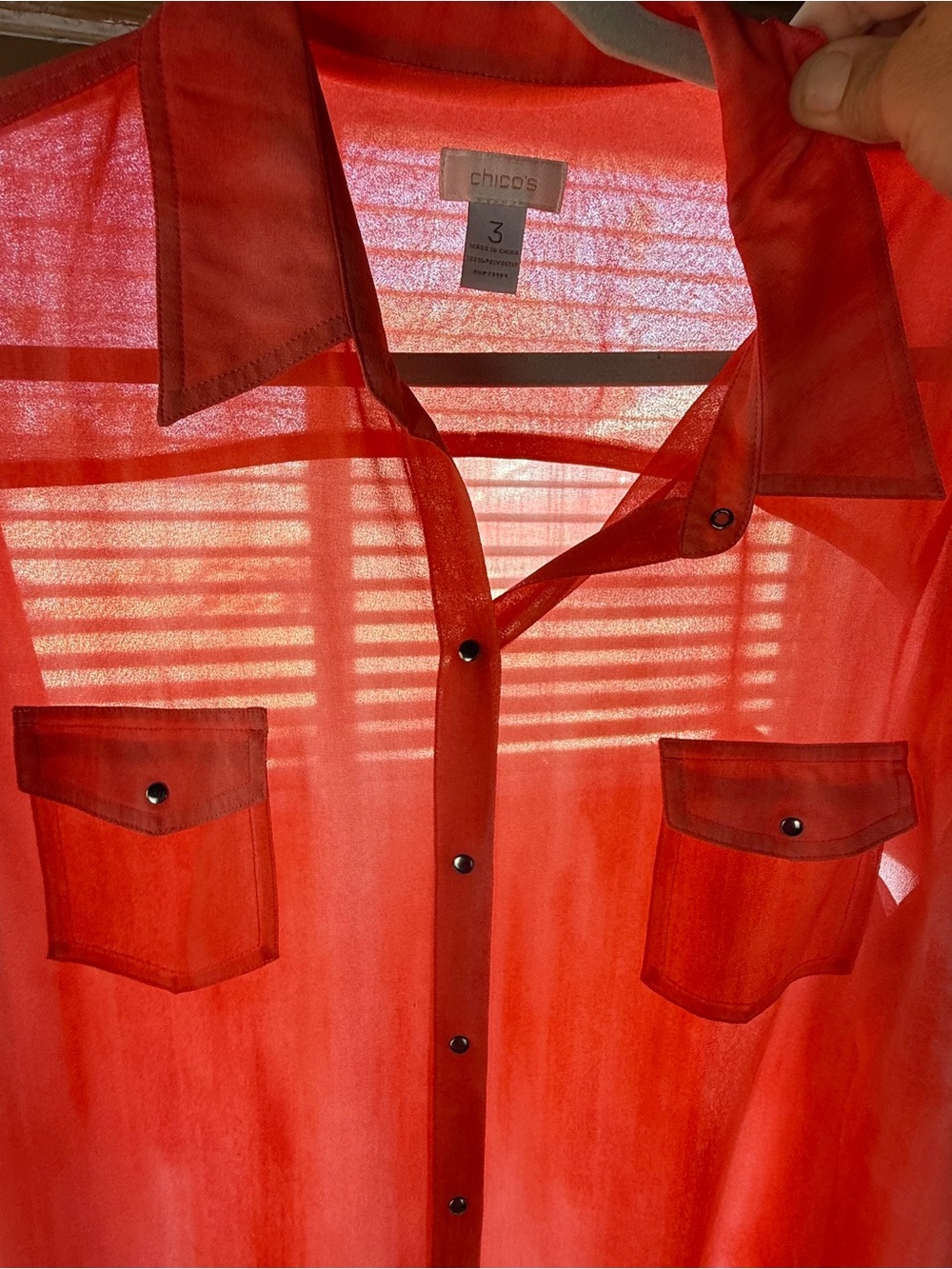 Chico’s Size 3 Coral Sheer Utility Button Front Blouse XL